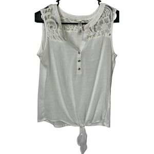 PerSeption Concept White Sleeveless Blouse Lace Shoulders Tie Front Women's Med